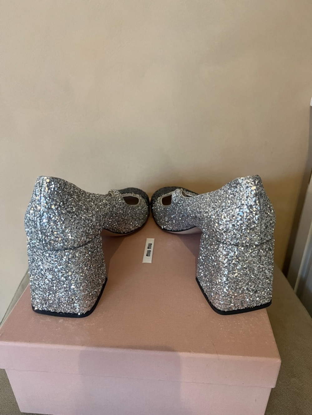 Miu Miu Silver and Charcoal Glitter Pearl-Strap Mary Jane Pumps - Picture 3 of 3